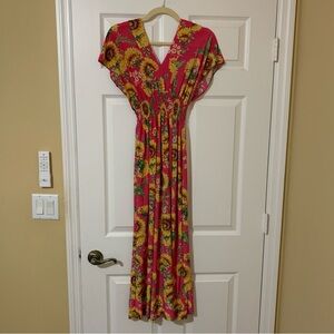 Floral V-Neck‎ Smocked Pink Yellow Sunflower Maxi Dress Medium Cottagecore